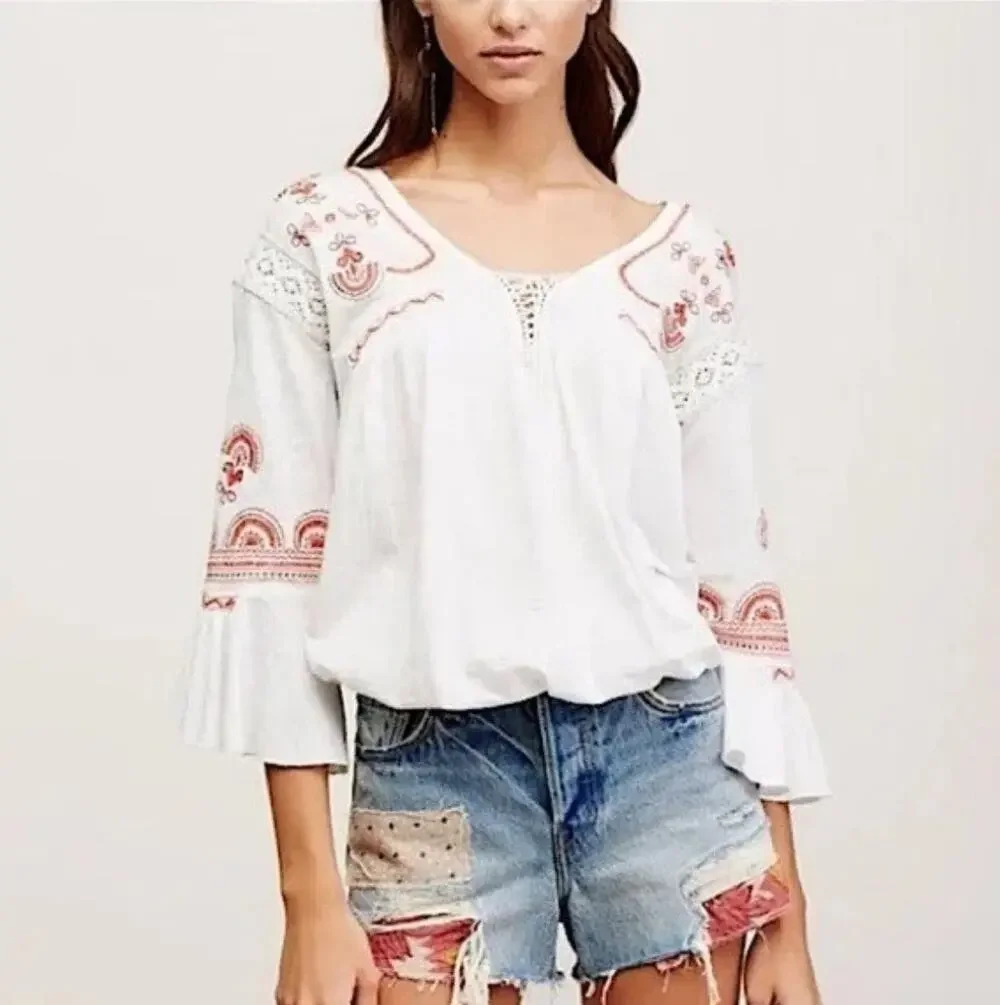 Free People Chiquita Ivory Peasant Top Orange Embroidery Flutter Bell Sleeves